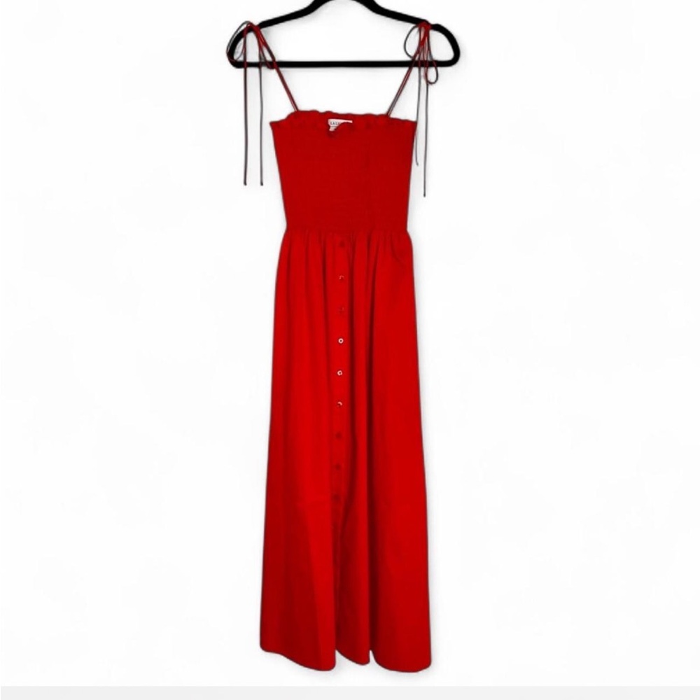 La Ligne Coral-Red Smocked Midi Dress with Tie Straps - Picture 2 of 5